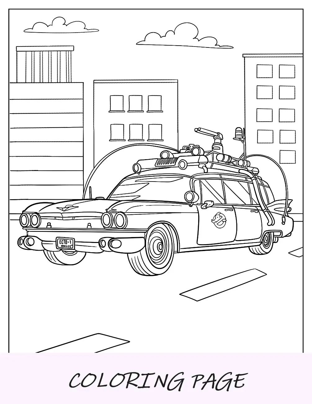 Página para colorear de los Cazafantasmas de Ecto 1 realista en la ciudad
