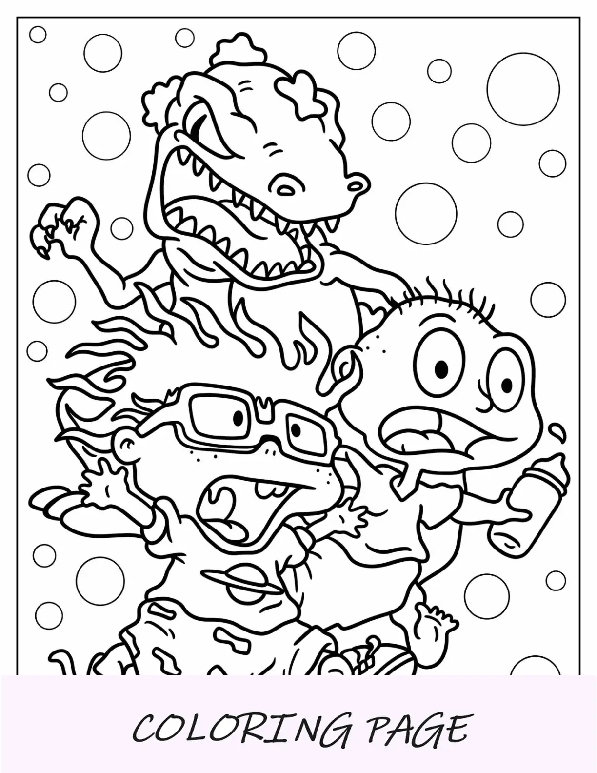 Página para colorear de Rugrats de Reptar persiguiendo a Chuckie y Tommy Rugrats para niños