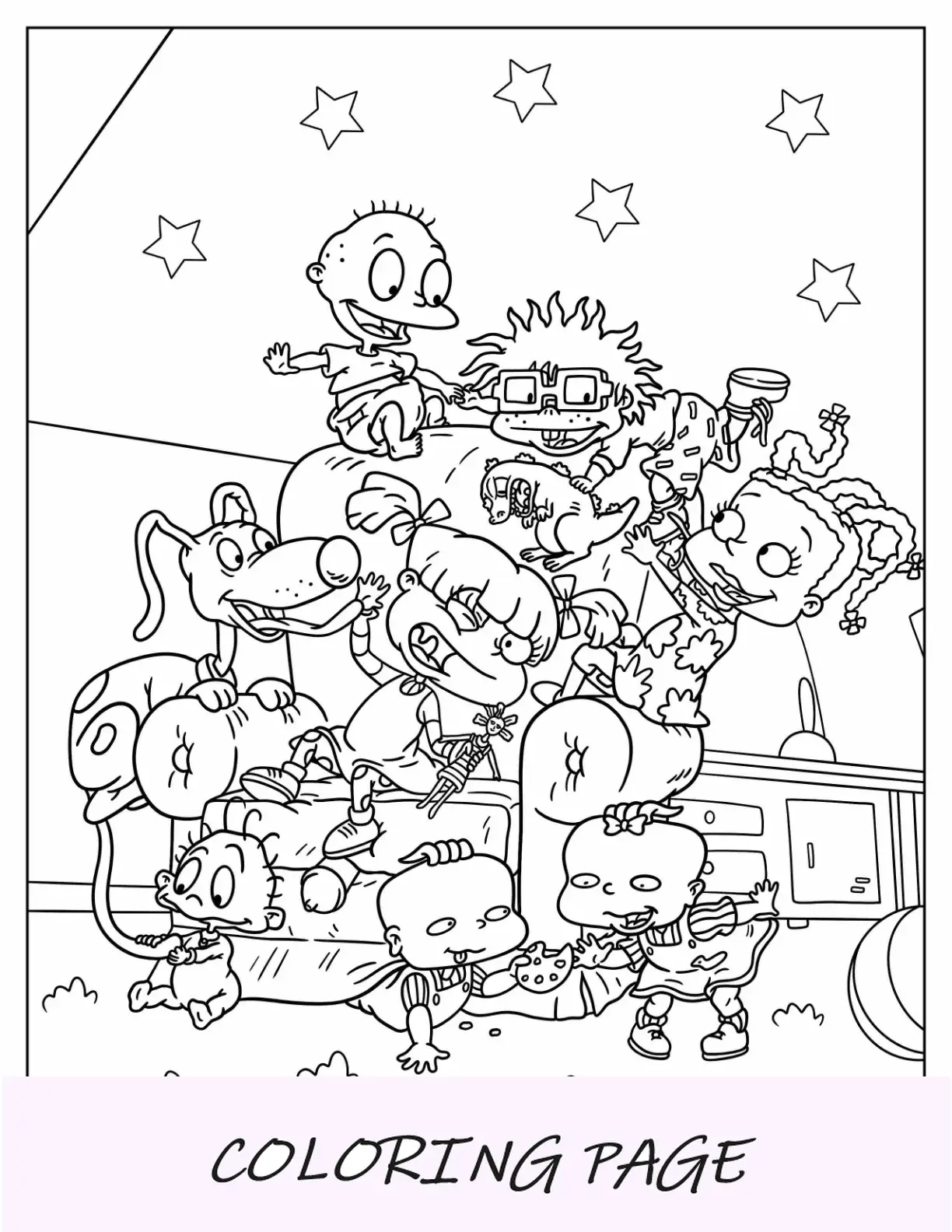 Página para colorear de Rugrats de Angelika, Tommy, Chuckie, Lillian y Susie Rugrats detalladas