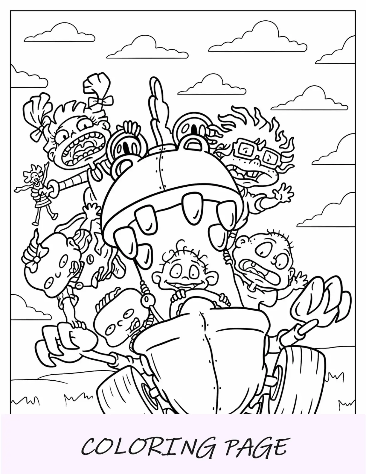 Página para colorear de Rugrats de Rugrats Dil, Tommy, Chuckie, Angelika, Lillian y Philip en el coche Reptar