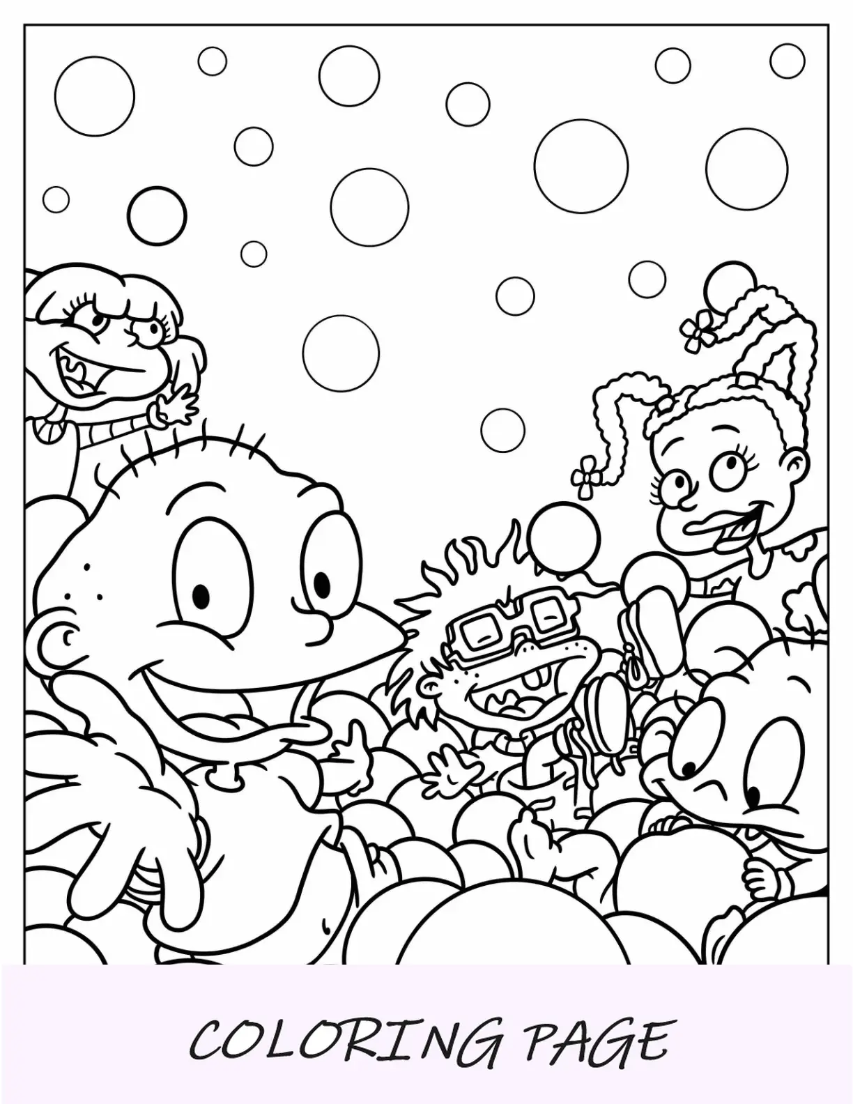 Página para colorear de Rugrats de Tommy, Chuckie, Angelika, Susie y Dil en una piscina de bolas
