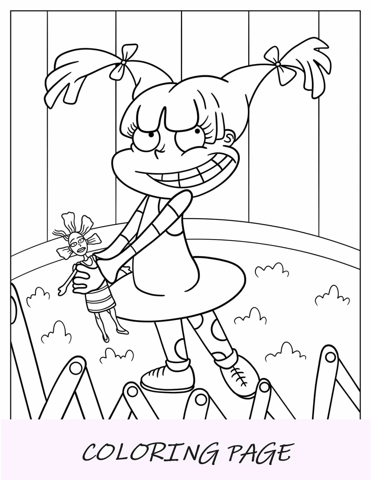 Página para colorear de Rugrats de Angelika Pickles sonriendo mientras sostiene una muñeca