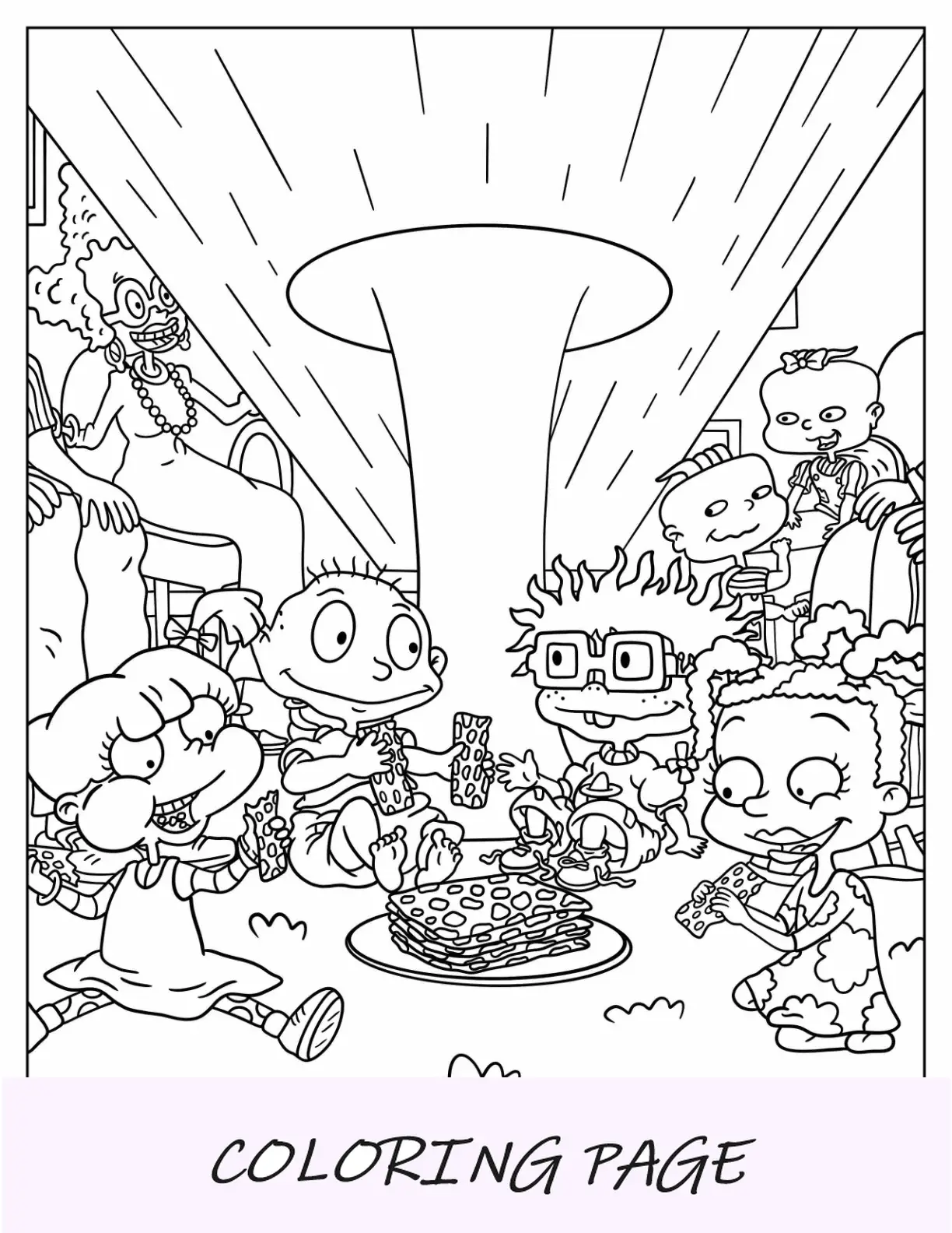 Página para colorear de Rugrats de Rugrats Tommy, Angelika, Chuckie, Susie, Lillian y Philip en la sala de estar
