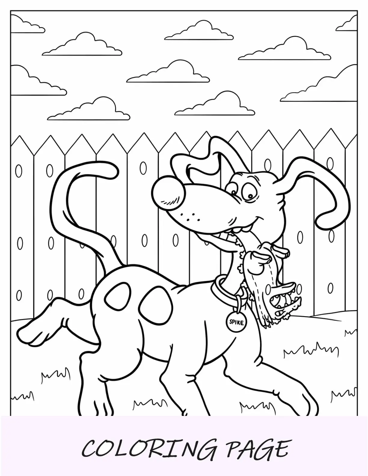 Página para colorear de Rugrats de Spike corriendo en el patio trasero con el juguete Reptar