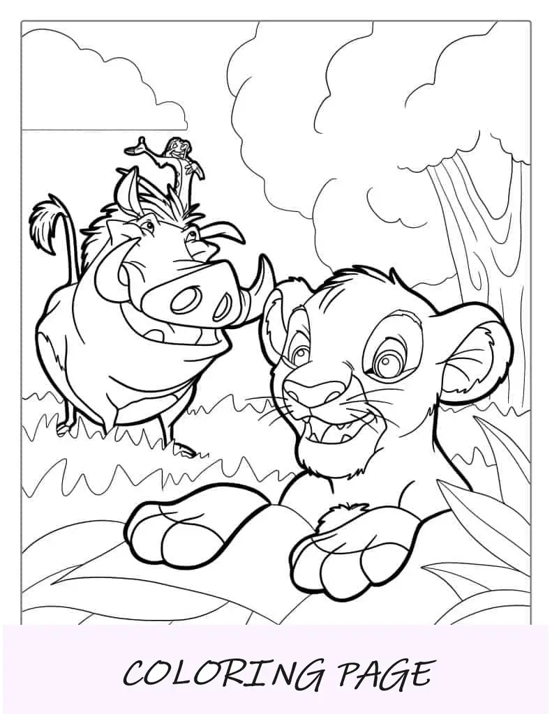 Simba con Timon y Pumba para colorear