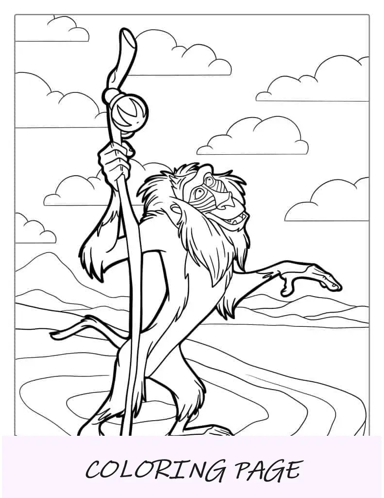 Hoja para colorear del mono Rafiki sosteniendo un bastón