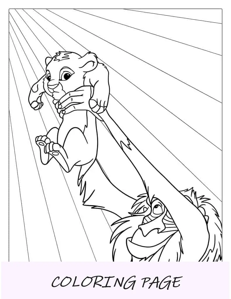 Rafiki sosteniendo al bebé Simba para colorear