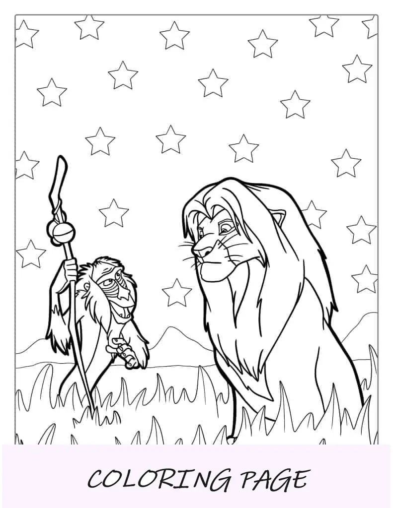 Hoja para colorear de Rafiki y Simba adulto