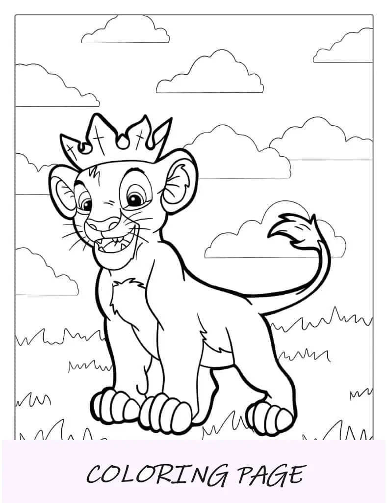 Simba joven con una corona para colorear