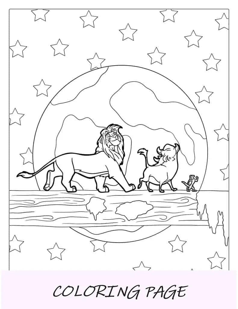 Timón, Pumba y Simba caminando sobre un tronco para colorear