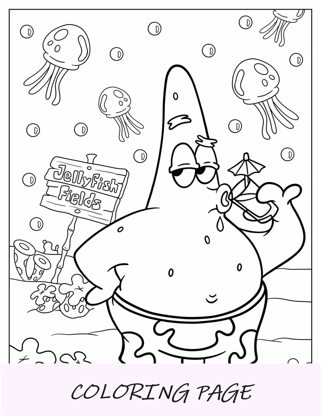 Pagina da colorare di Patrick Star bevendo un cocktail davanti ai campi di gelatina