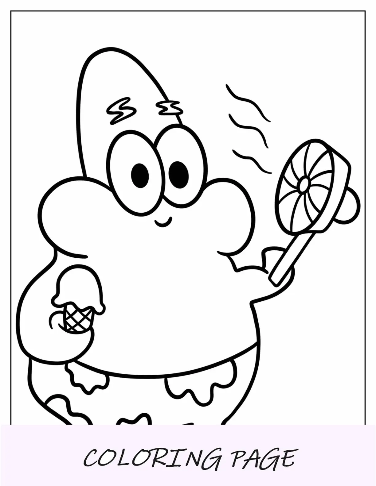 Pagina da colorare carina Patrick Star con ventaglio e gelato