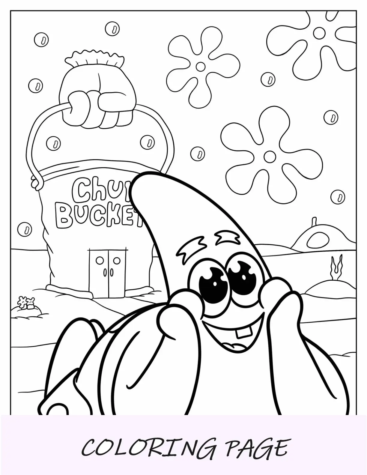 Pagina da colorare di Patrick Star sorridente davanti al secchio di Chum