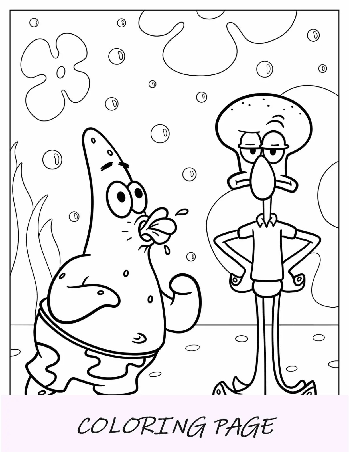Pagina da colorare di Patrick Star che fa la linguaccia a Squidward