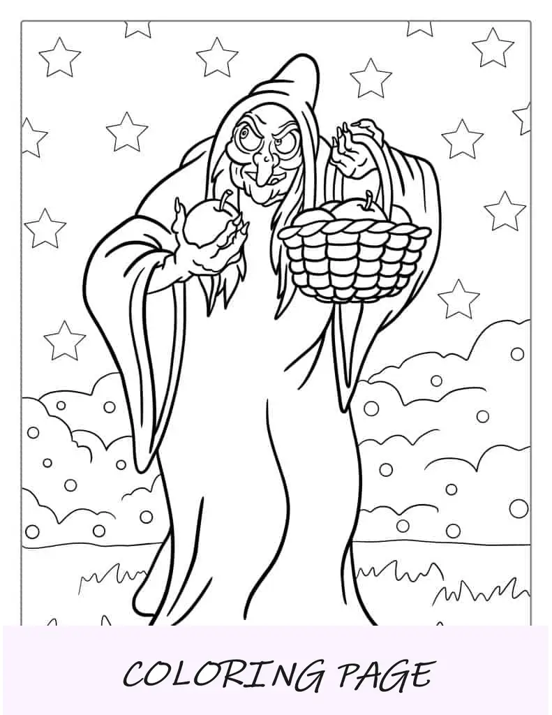 Página para colorear de la reina Grimhilde y la bruja