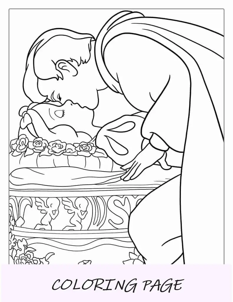 Blancanieves siendo besada por el príncipe para colorear