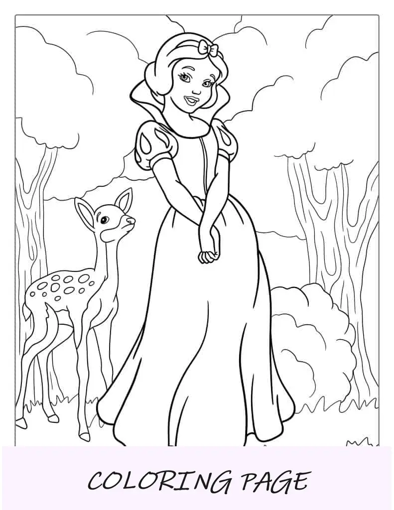 Blancanieves en el bosque con cervatillo para colorear