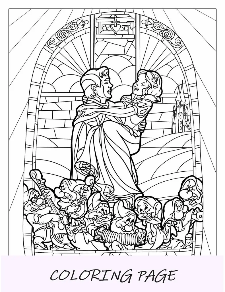 Página para colorear de vidrieras de Blancanieves