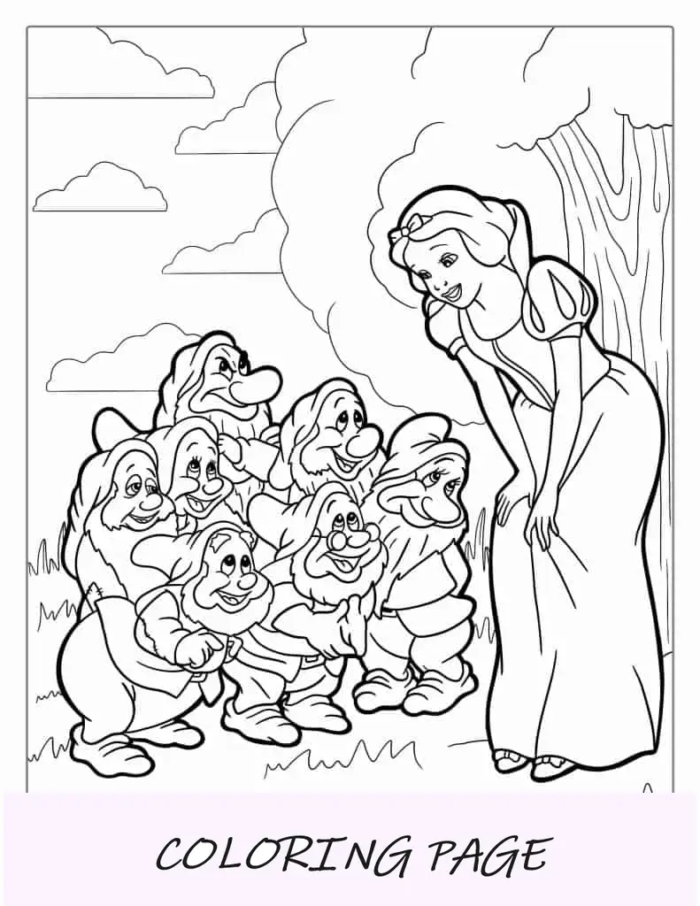 Blancanieves con los siete enanitos para colorear