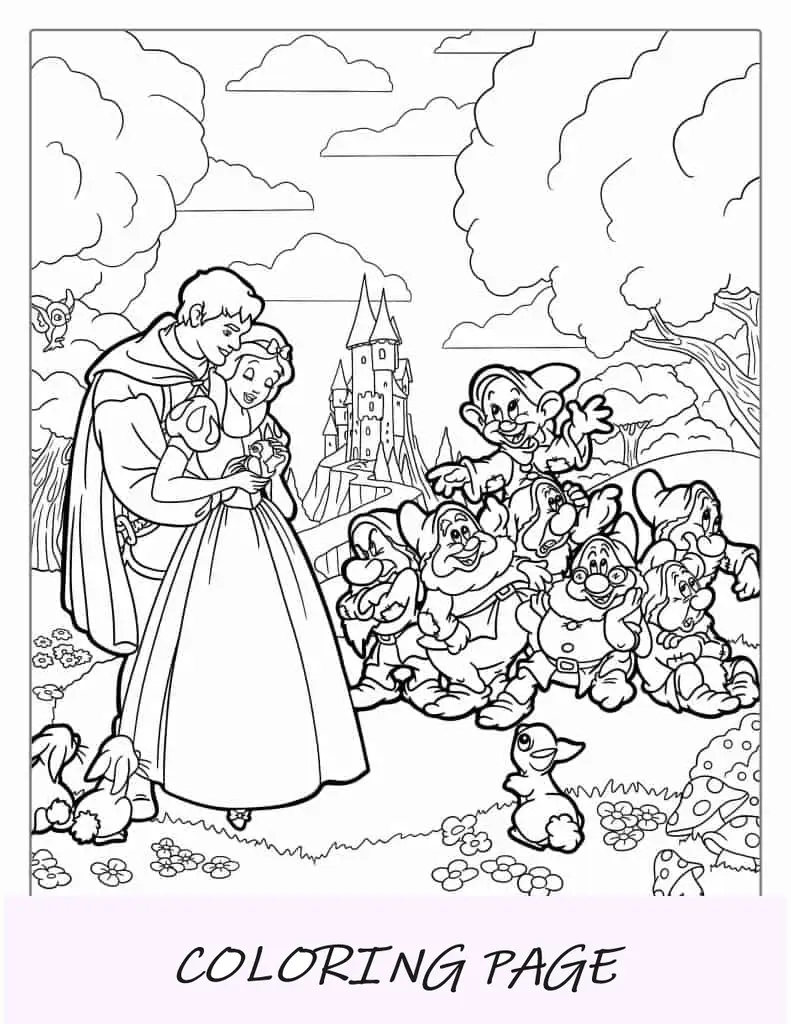 Blancanieves, el príncipe y los siete enanitos para colorear