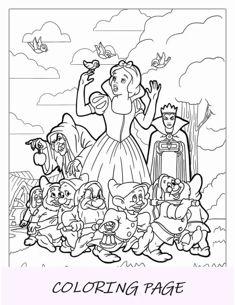 Nieve Con Los Siete Enanitos Y La Reina Malvada Para Colorear
