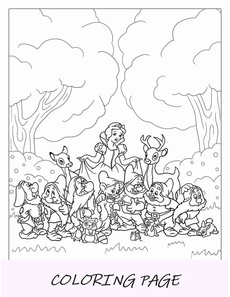 Los siete enanitos con Blancanieves para colorear