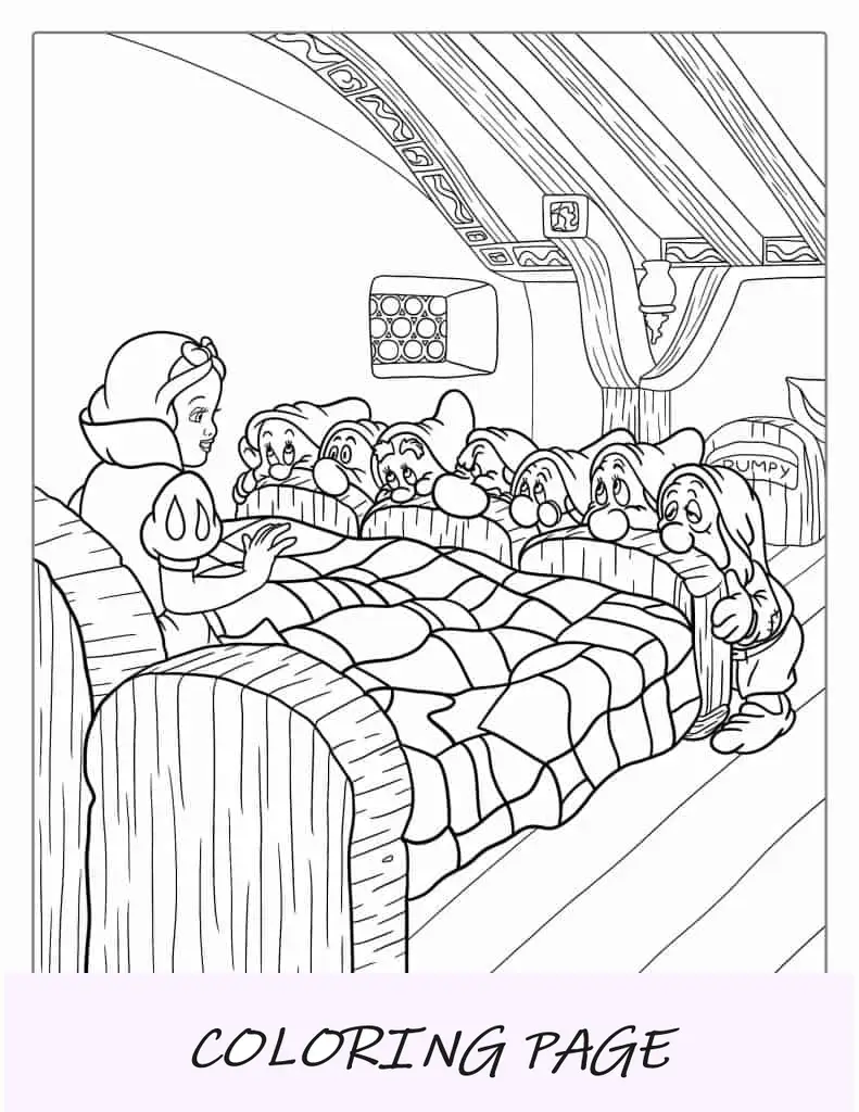 Blancanieves en la cama siendo despertada por los siete enanitos