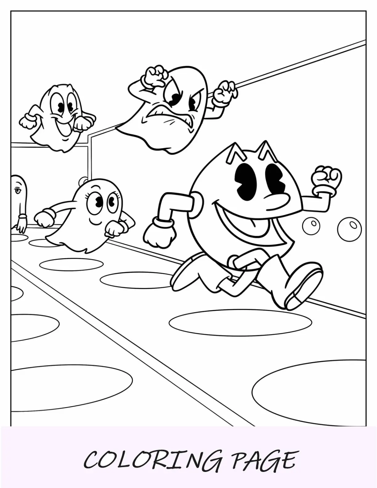 Página para colorir de fantasmas Inky, Blinky, Pinky e Clyde perseguindo Pac-Man no labirinto