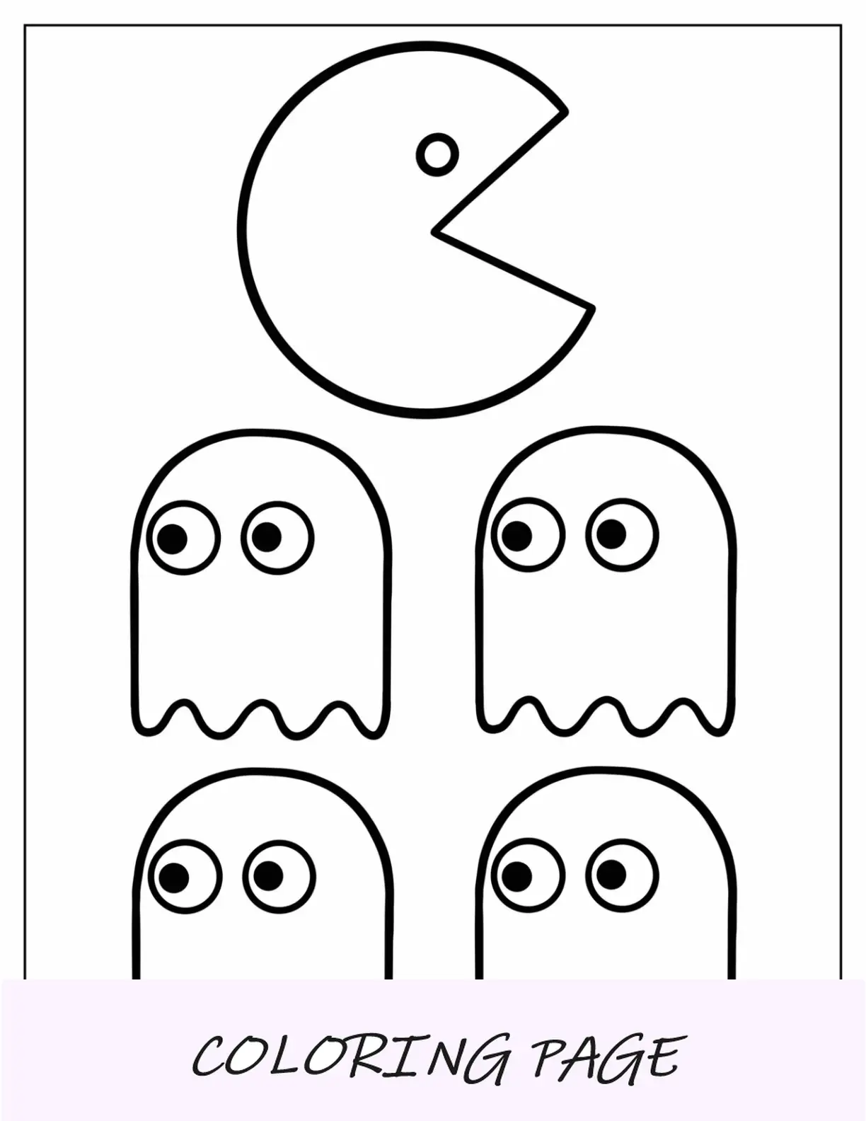 Página para colorir icônica do Pac-Man e contorno de fantasmas para crianças em idade pré-escolar