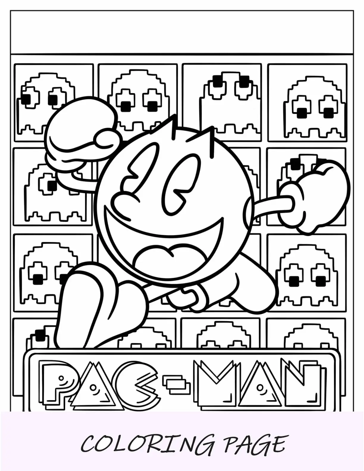 Página detalhada para colorir do Pac-Man rodando com ícones fantasmas no pôster de fundo