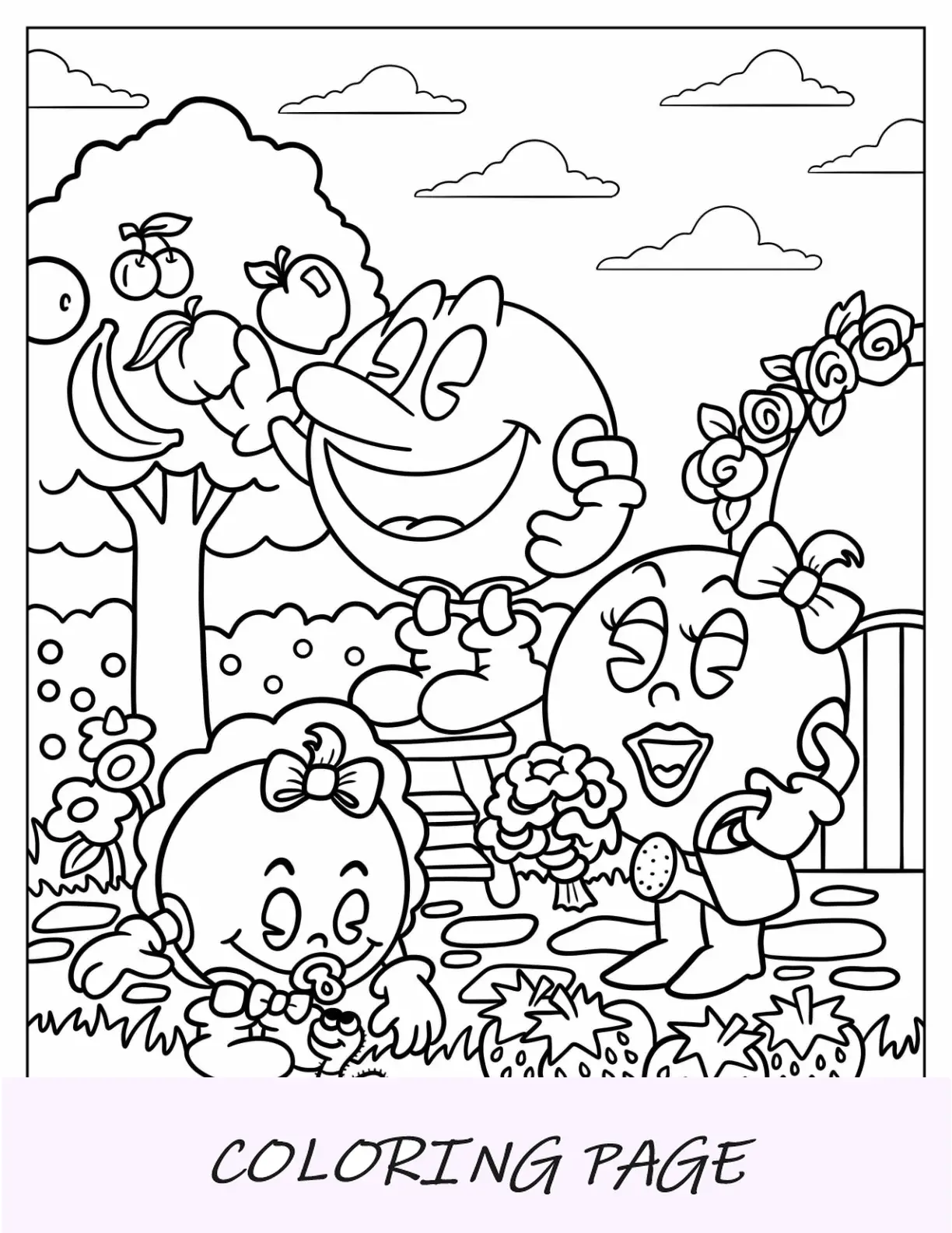 Desenho para colorir de Pac Man com a Sra. Pac-Man e bebê no jardim