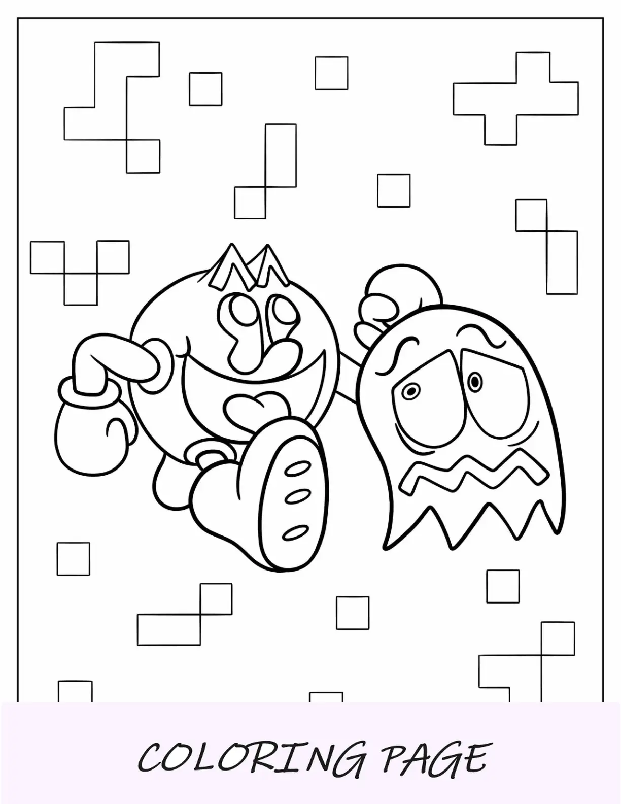 Página para colorir do Pac-Man correndo em direção ao fantasma ciano