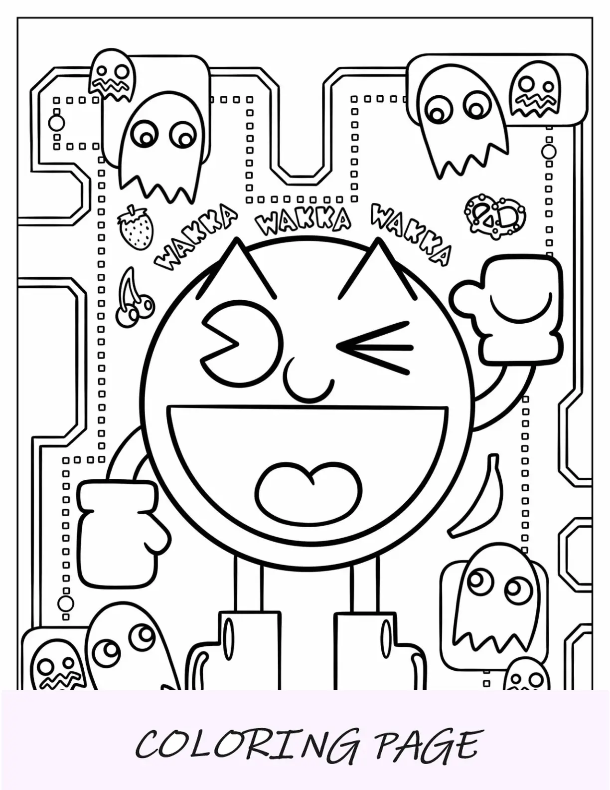 Página para colorir do Victorious Pac-Man piscando com fantasmas no fundo