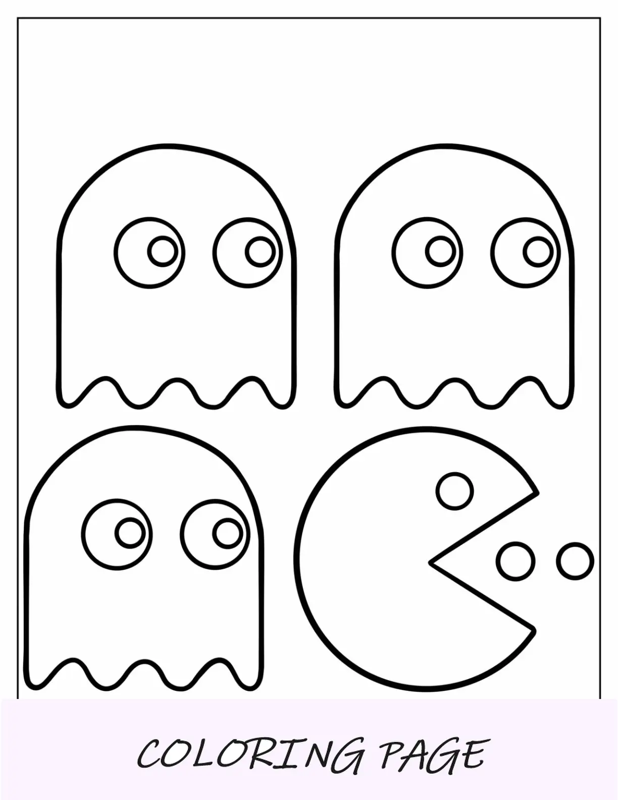 Página para colorir de fantasmas simples e Pac-Man comendo pontos