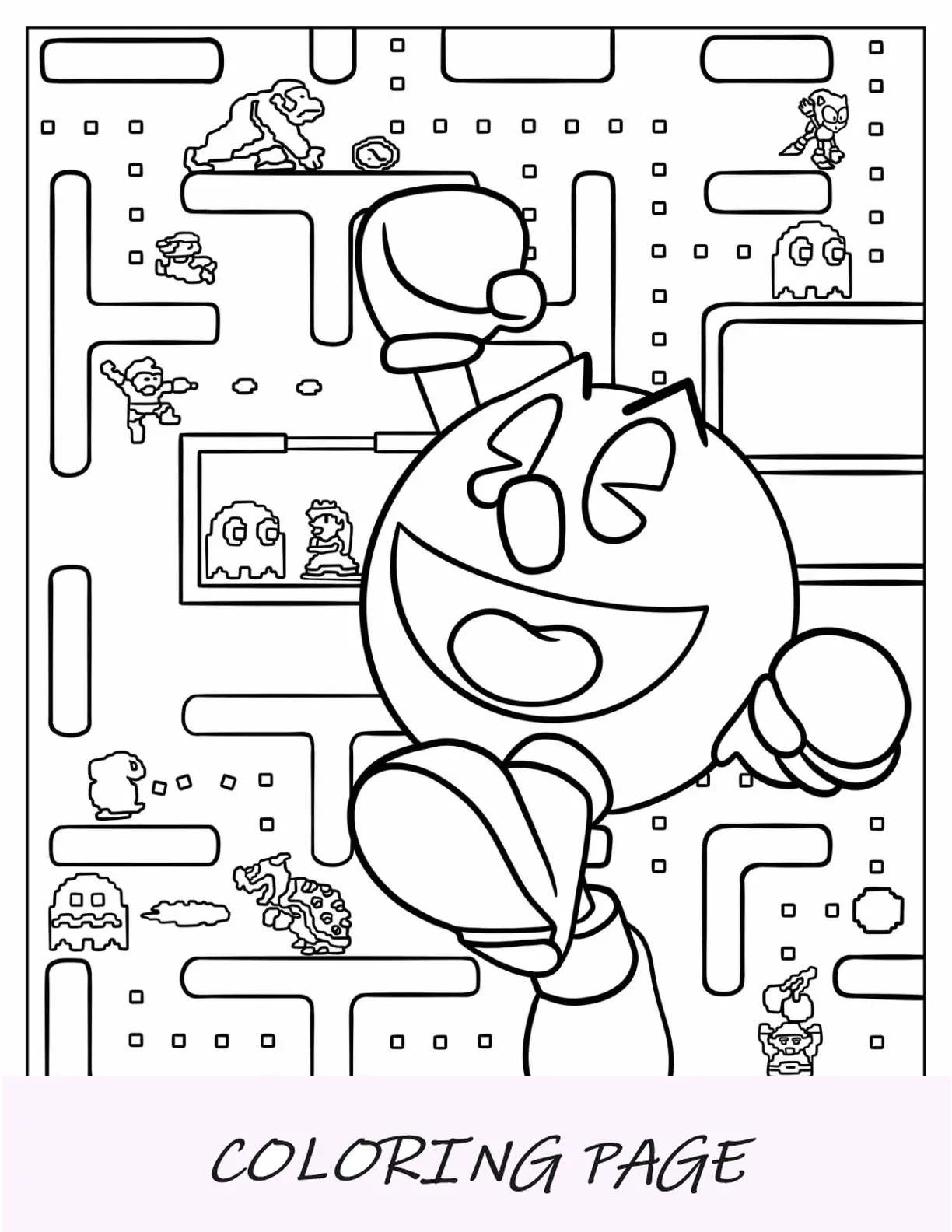 Página para colorir do Pac-Man com o punho no ar