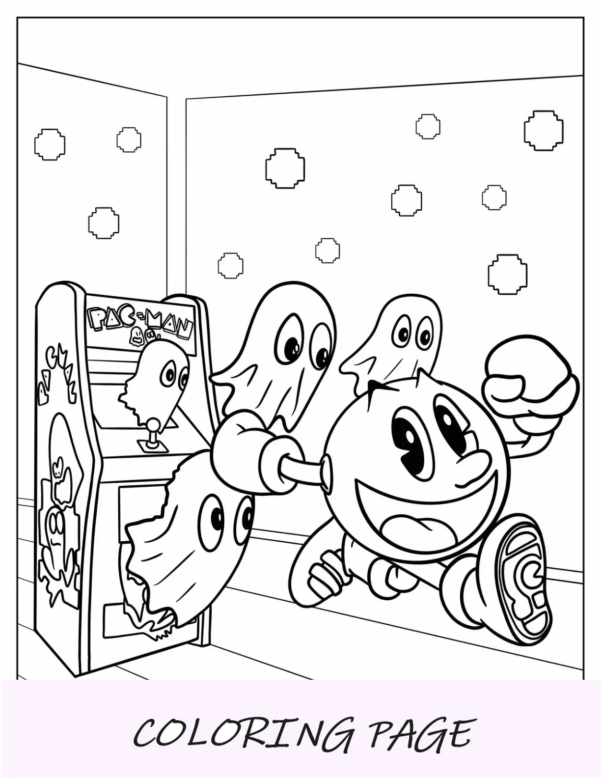 Página para colorir do Pac-Man e fantasmas saltando da máquina de fliperama