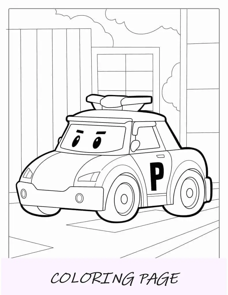 Pagina da colorare auto della polizia Poli per bambini in età prescolare