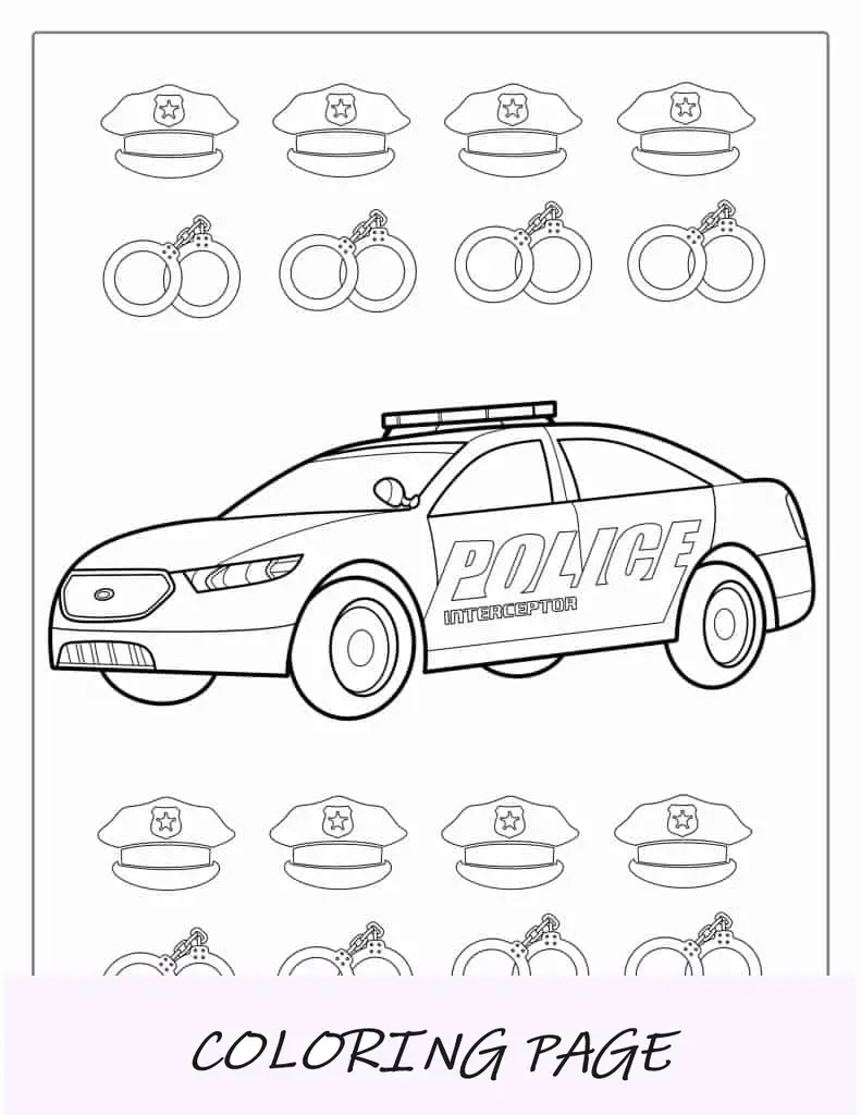 Pagina da colorare di auto della polizia con le manette
