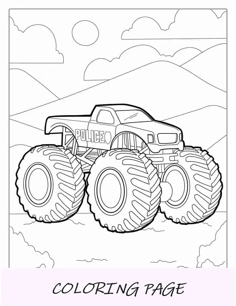 Pagina da colorare per bambini di Monster Truck della polizia