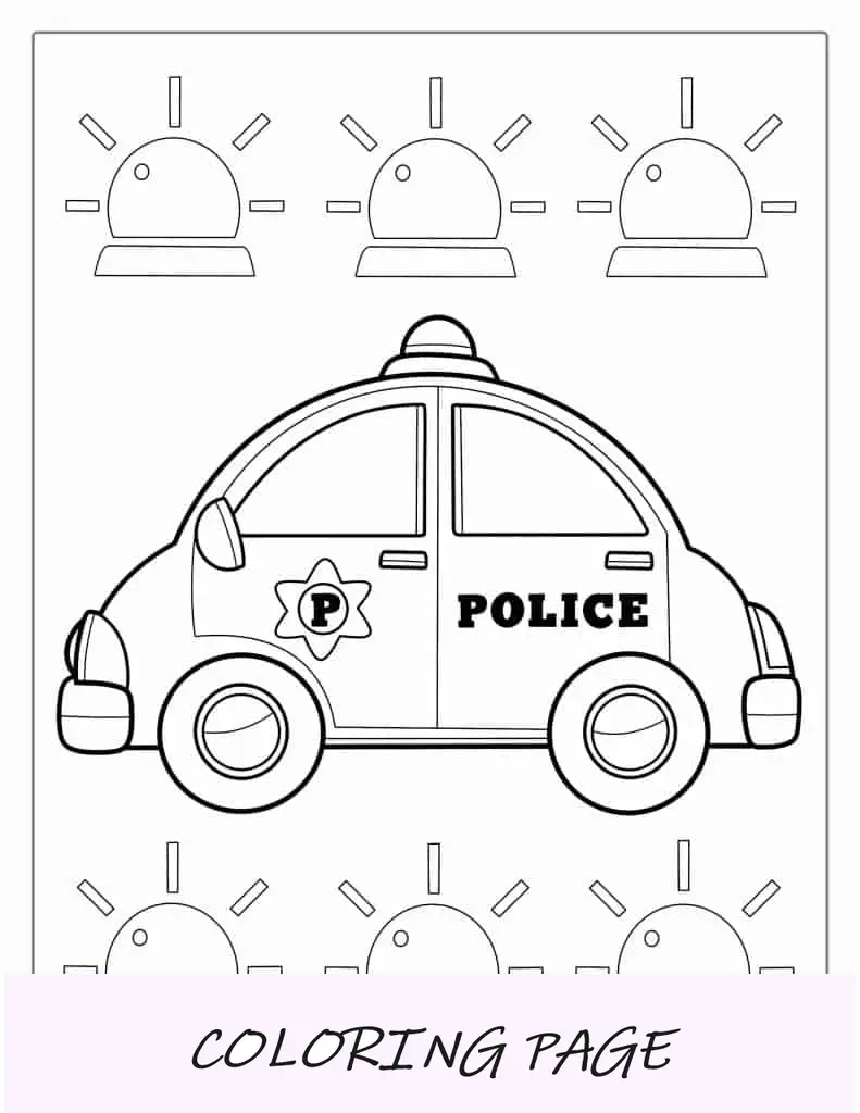 Pagina da colorare di auto della polizia per bambini in età prescolare