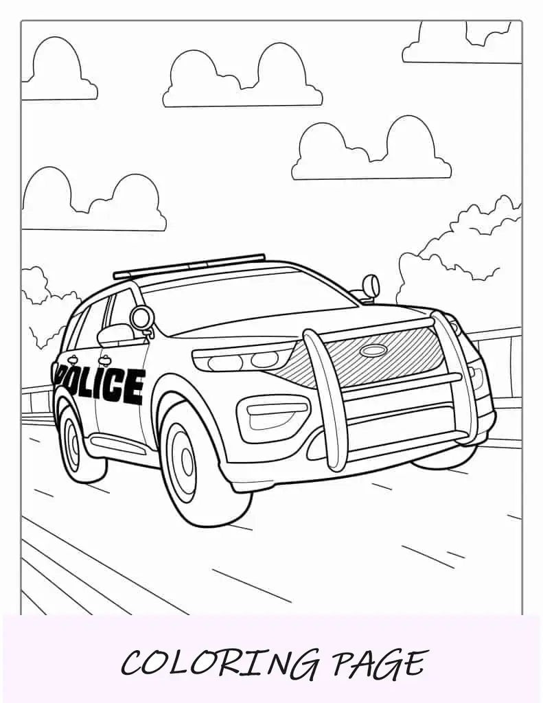 Auto della polizia veloce sull'autostrada da colorare