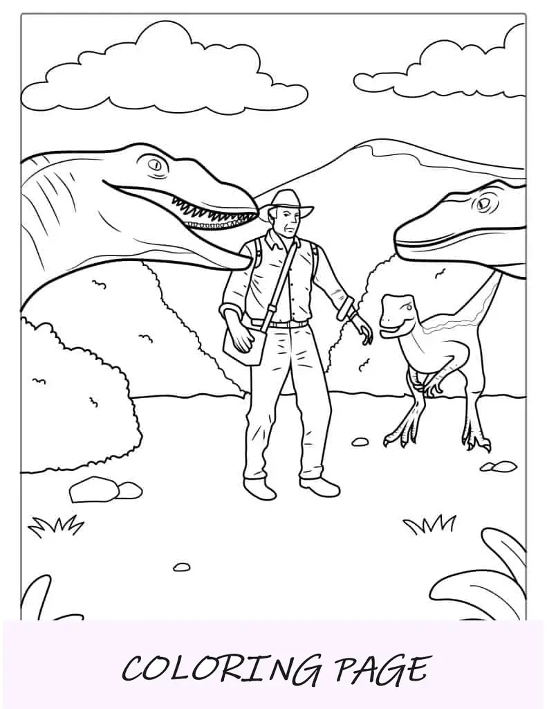 Malvorlage „Jurassic Park Velociraptoren“.