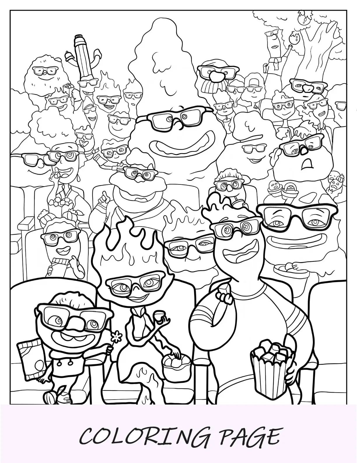 Personajes elementales viendo películas en el cine