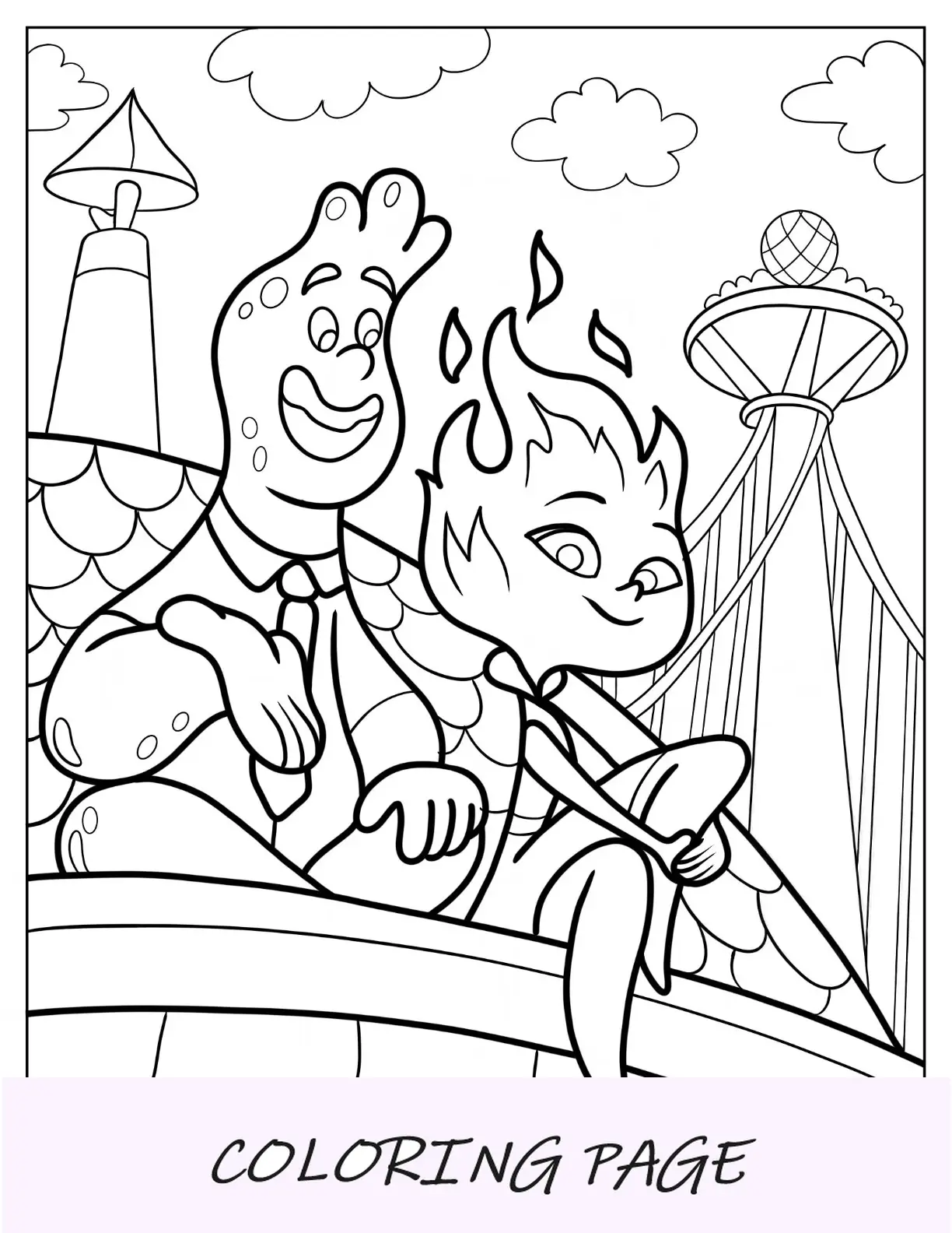 Página para colorear elemental fácil de Wade y Ember para niños