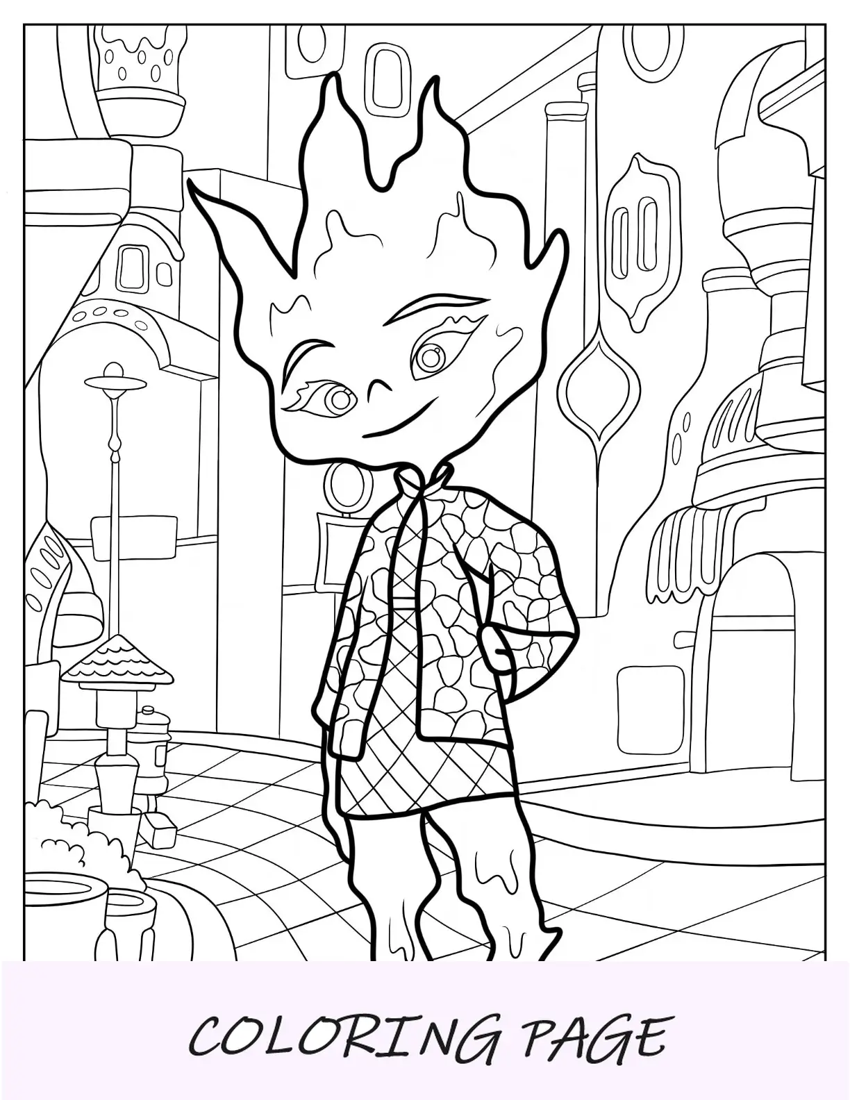 Página para colorear elemental detallada de Ember Lumen en Element City