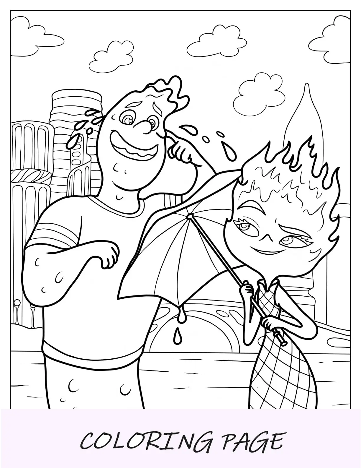 Página para colorear elemental de Wade Ripple llorando mientras Ember Lumen sostiene un paraguas