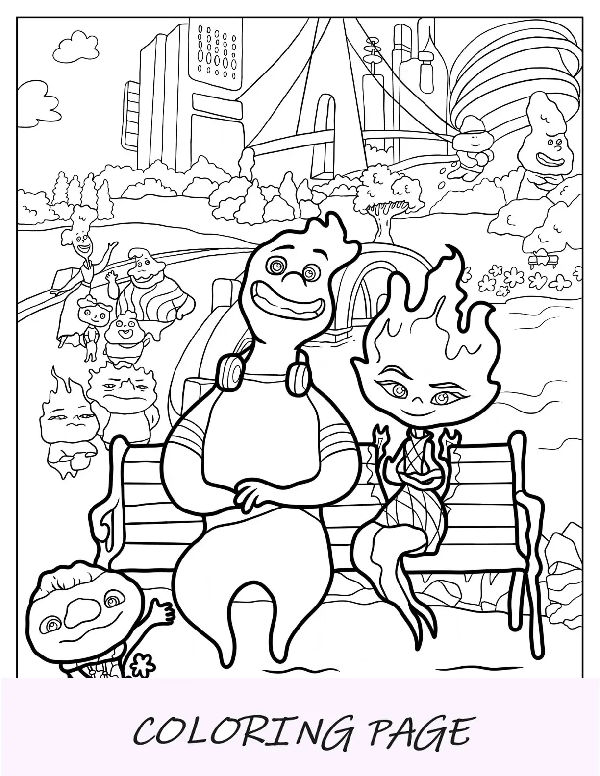 Página para colorear elemental de Wade y Ember sentados en un banco del parque