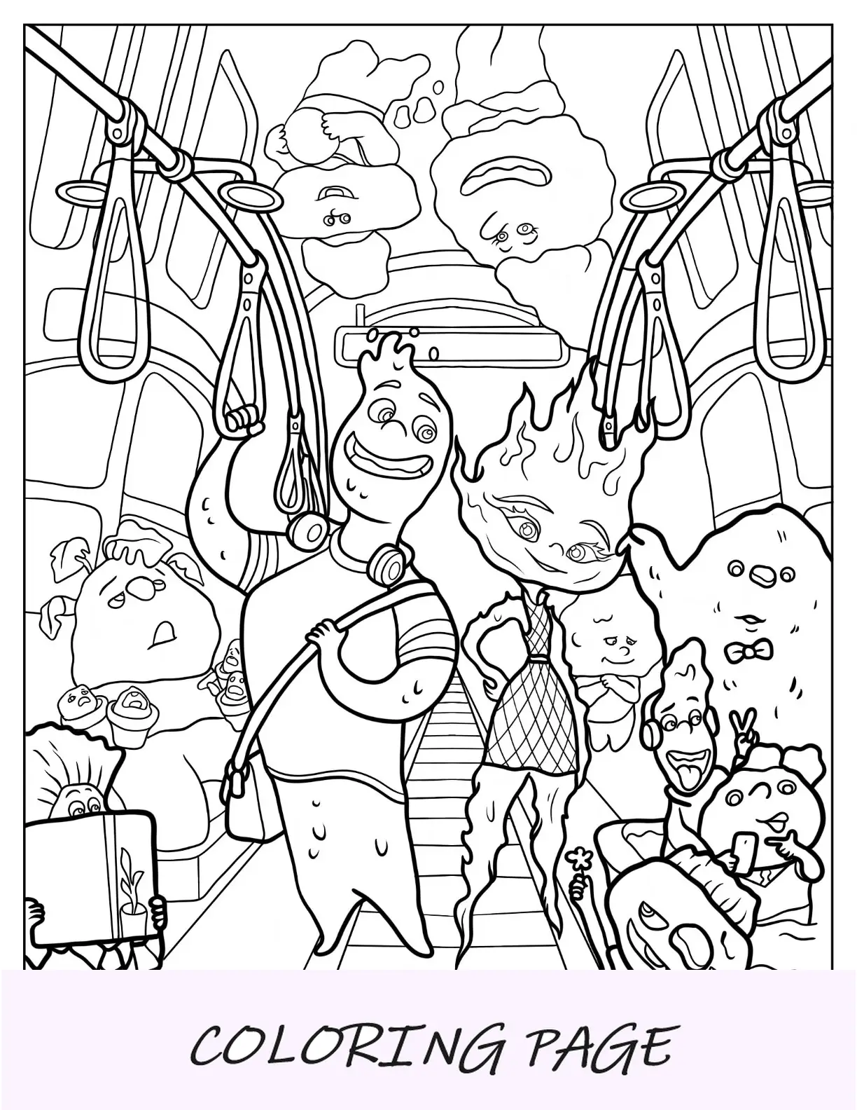 Página para colorear elemental de Wade y Ember viajando en autobús en Element City