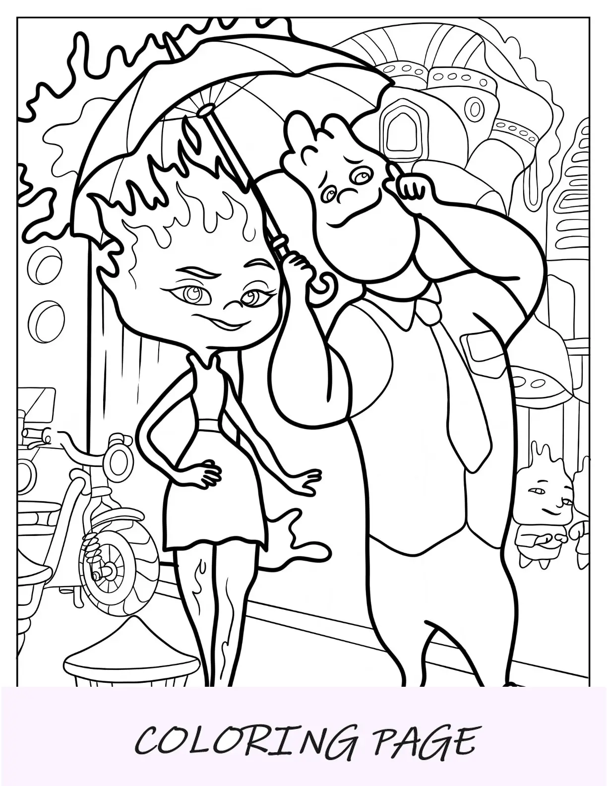 Página para colorear elemental de Ember y Wade compartiendo paraguas