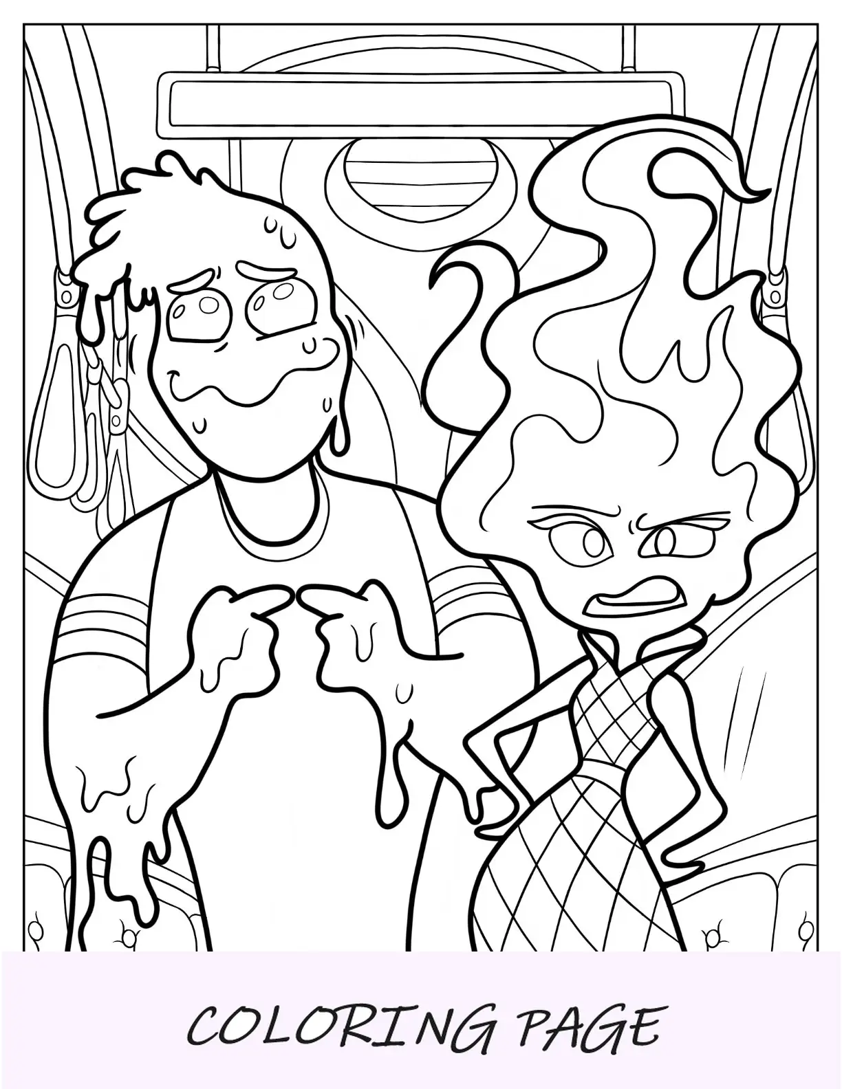 Página para colorear elemental de Angry Ember y Dripping Wade